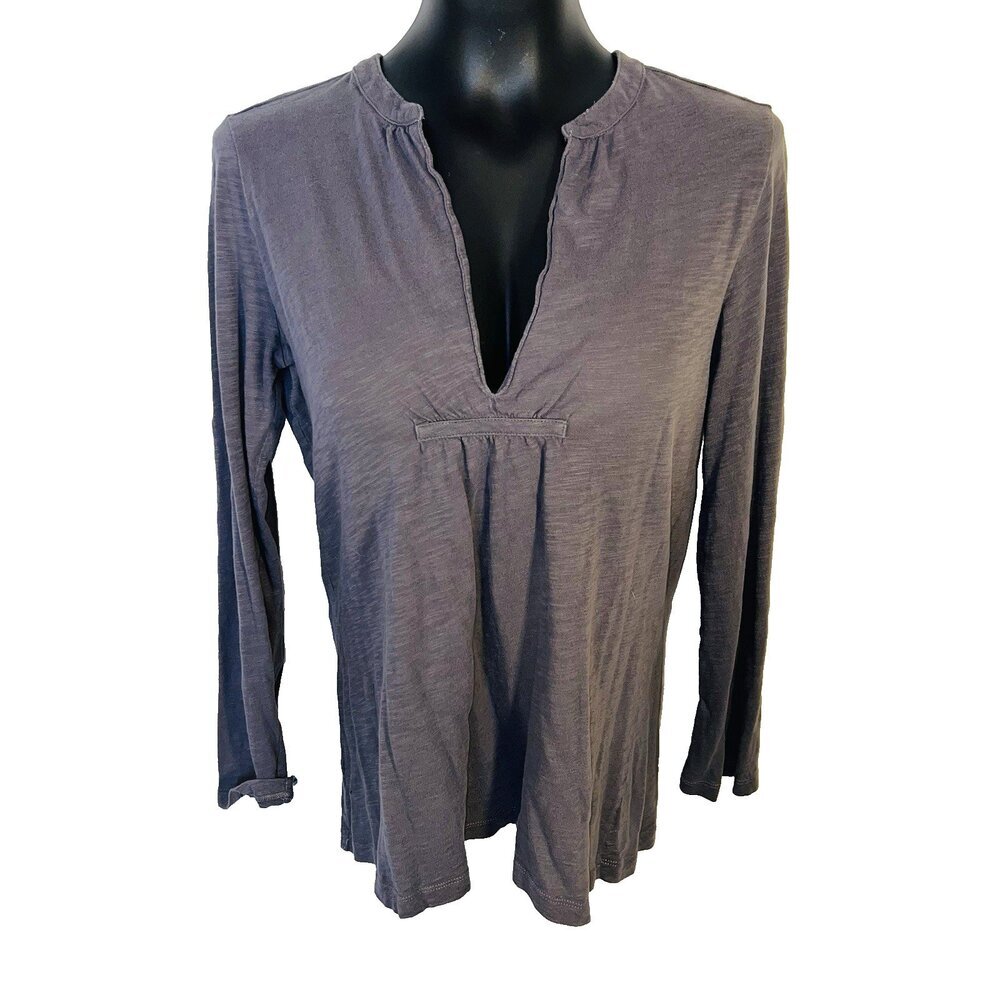 LOFT - Blouse Womens M Gray Deep V-Neck Long Sleeve Roll Tab Pleat Front